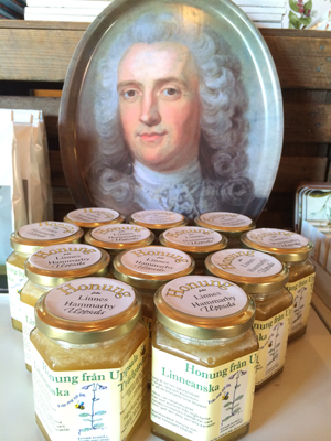 Jars with honey and a tray with a portrait of Linnaeus