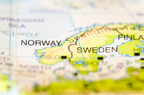 Karta över norra Europa med Sverige, Norge och Finland i fokus. 