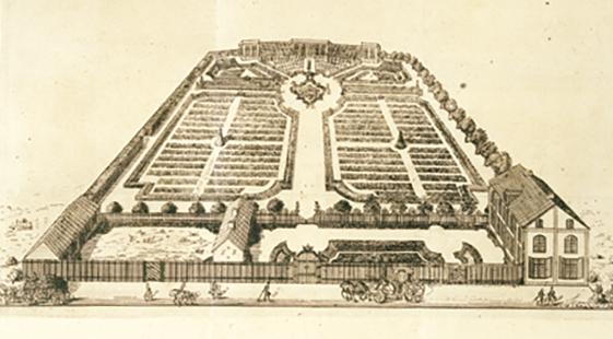 Målning av Burser 1745, föreställande Linnéträdgården 