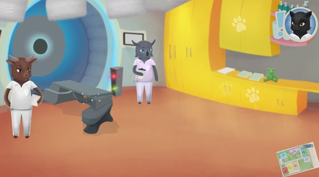 The game describes what happens during radiation therapy. The setting is animated but resembles the rooms at the Skandion Clinic.