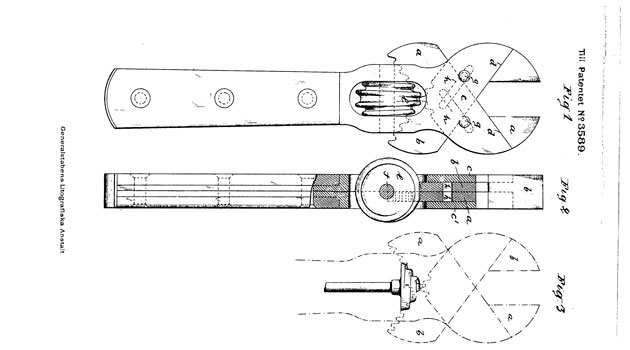 Drawing from patent letter from 1891, of the first wrench invented by Johan Petter "JP" Johansson (1853-1943). He ran a mechanical workshop in Enköping