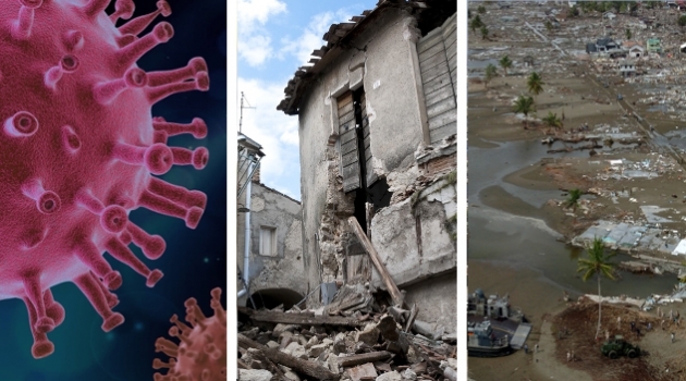 Bilden illustrerar tre naturkatastrofer och deras konsekvenser: elektronmikroskopbild av coronaviruset, förstörda hus efter jordbävningen i L'Aquila och förstörelse på en strand efter en tsunami.