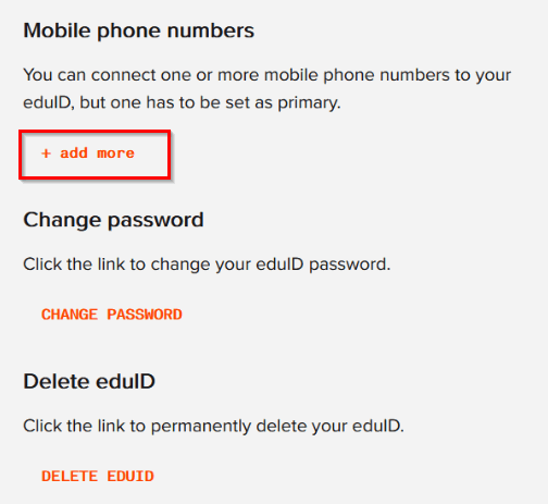 Sections with the headers Mobile phone numbers, Change password and Delete eduID.