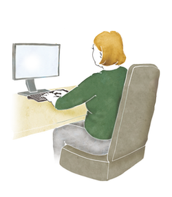 Färglagd illustration för Webbstöd för kommuner. Person som sitter och arbetar vid en dator. 