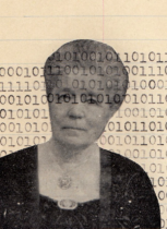 Porträtt av Selma Lagerlöf, linjerat papper i bakgrunden samt ettor och nollor över större delen av bilden.