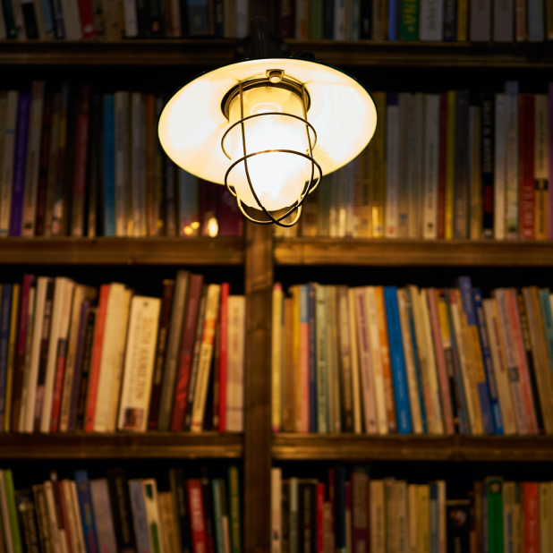 A lamp shining a light on a bookshelf