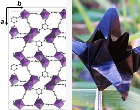 Struktur av det nya metallorganiska ramverket UU-200 (vänster); en origami vikt av cellulosa@MOF nanopapper (höger).