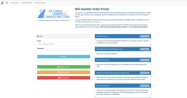 Screen shot of the NGI order portal start page
