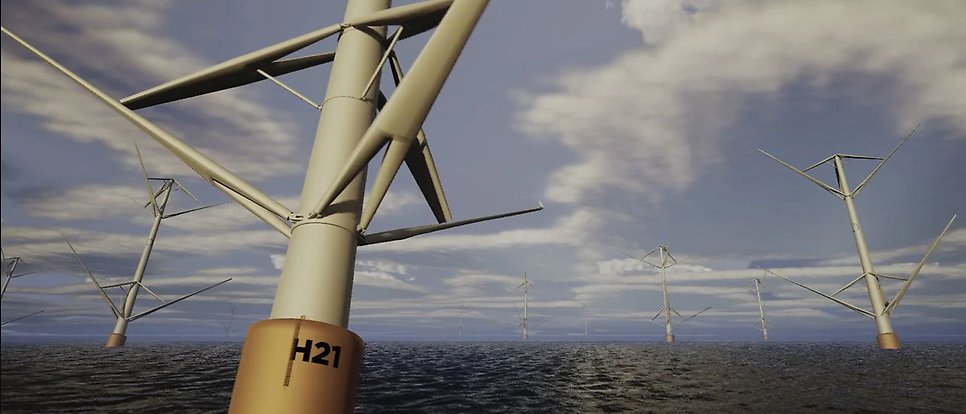 Animation av en vindkraftpark ute till havs med vertikalaxlade lutande vindkraftverk.