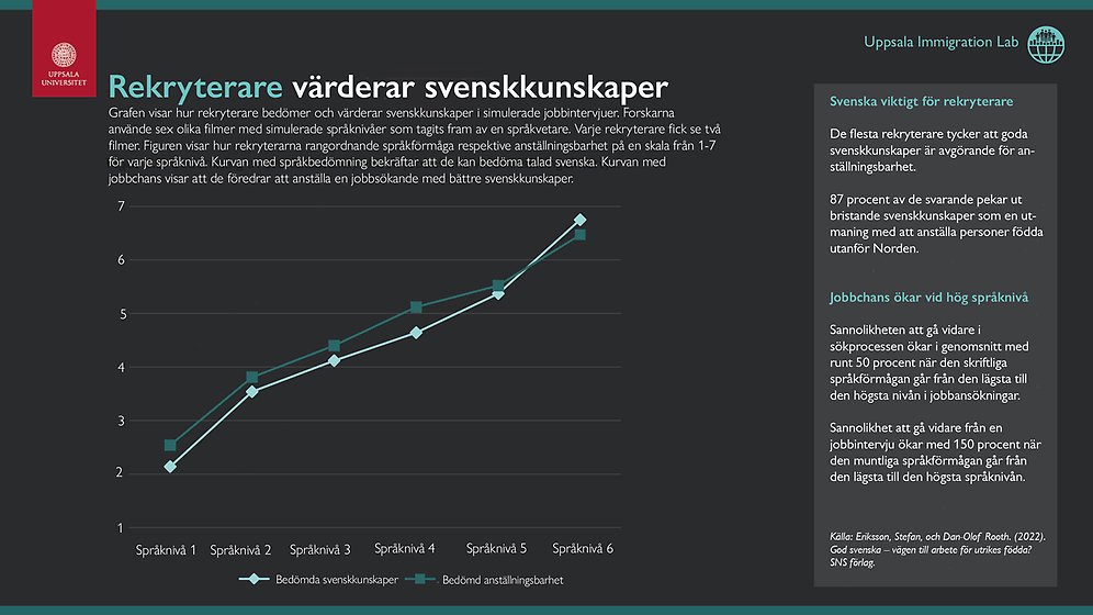 Infografiken visar hur rekryterare bedömer och värderar svenskkunskaper i simulerade jobbintervjuer.  Kurvan med språkbedömning bekräftar att de kan bedöma talad svenska. Kurvan med jobbchans visar att de föredrar att anställa en jobbsökande med bättre svenskkunskape
