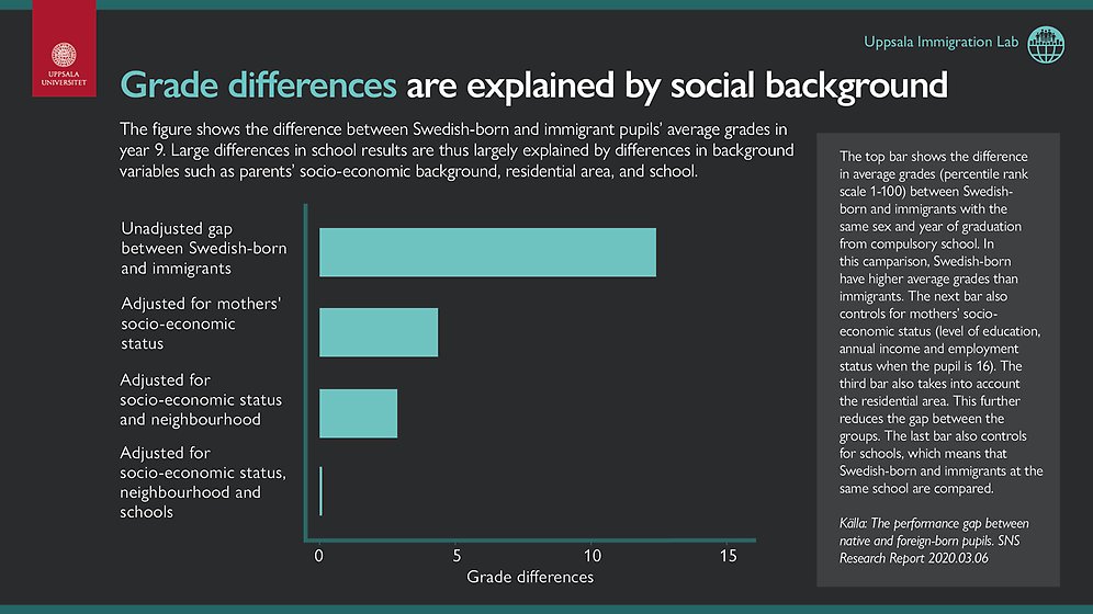 The infographic shows how grade differences between domestic and foreign-born are explained by social background.