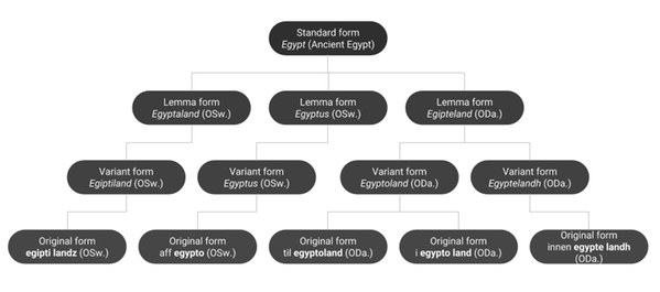Figure 1. The hierarchy of four different types of forms: original forms, variant forms, lemma forms, and standard forms.
