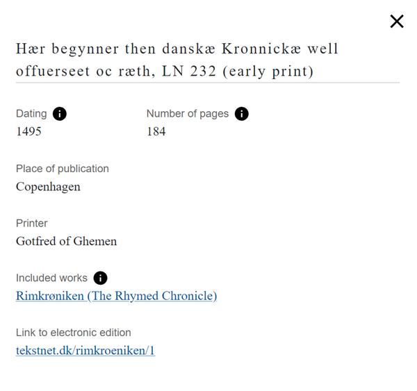Figure 6. Detailed view for the early print titled Hær begynner then danskæ Kronnickæ well offuerseet oc ræth, LN 232