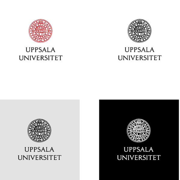 Exempel på logotypen i olika färger och olika bakgrund