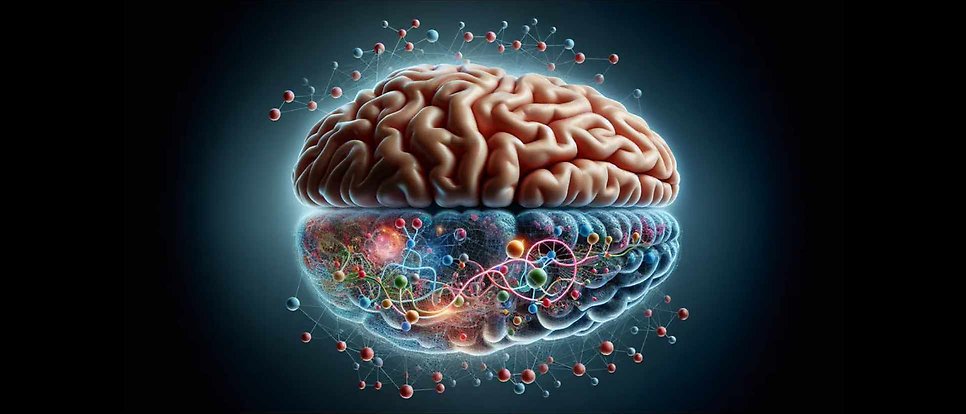 Hjärna mot svart bakgrund. På ena hjärnhalvan har ytterhöljet skalats av. Inuti visas färgglada noder och kopplingar mellan dem. Även runtom hjärnan finns ett nätverk i glada färger.  