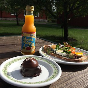 Juice, smörgås och chokladbiskvi uppdukade på ett trädgårdsbord.