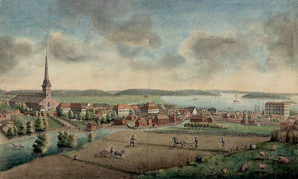 Målning föreställande Västerås från nordväst. I förgrunden syns bönder som plöjer och sår på en åker. UUB 4569.