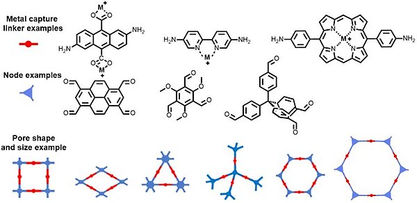 Examples of polymer building blocks that can capture metal ions. Examples of polymer building blocks that can act as nodes in branched networks. Illustration of different pore structures.
