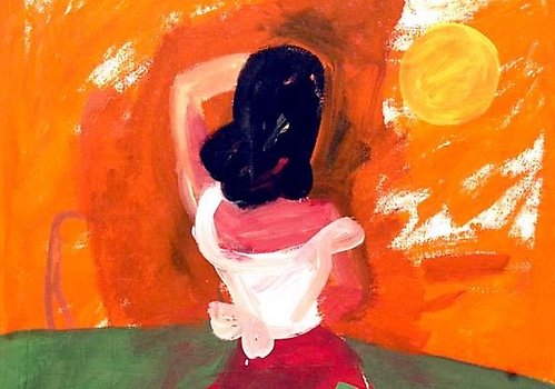 En abstrakt målning av en kvinna i olika färger.
