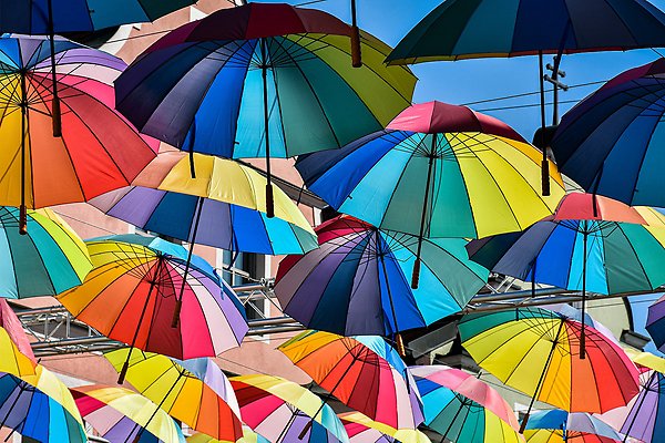 regnbågsfärgade paraplyer