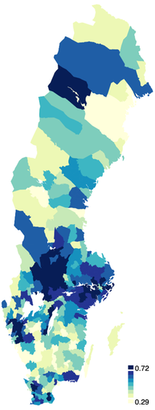 En Sverigekarta med olika färger som visar graden av social rörlighet bland män i början av 1900-talet.