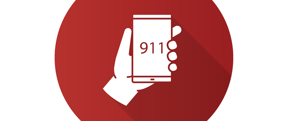 Illustration med en hand som håller en mobiltelefon med siffrorna 911 på skärmen.  