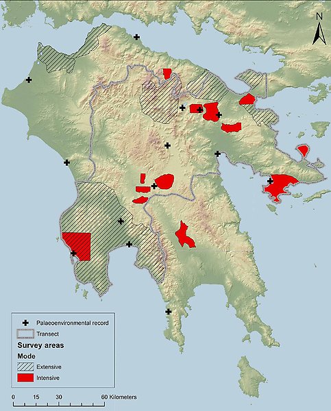 Karta över Peloponnesos. Grön karta med röda markeringar