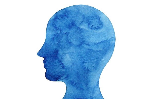 Illustration av silhuett av människohuvud i blått.