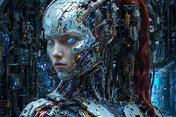 cyborgkvinna i futuristisk miljö