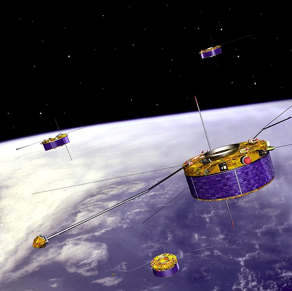 The four spacecrafts in the Cluster mission, shown above Earth.