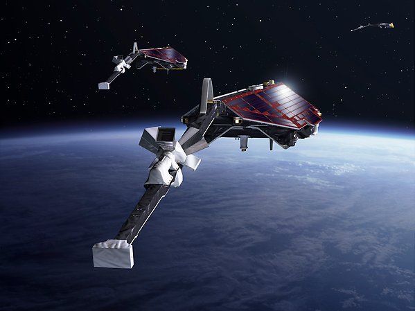 Spacecrafts in the Swarm mission shown above Earth.