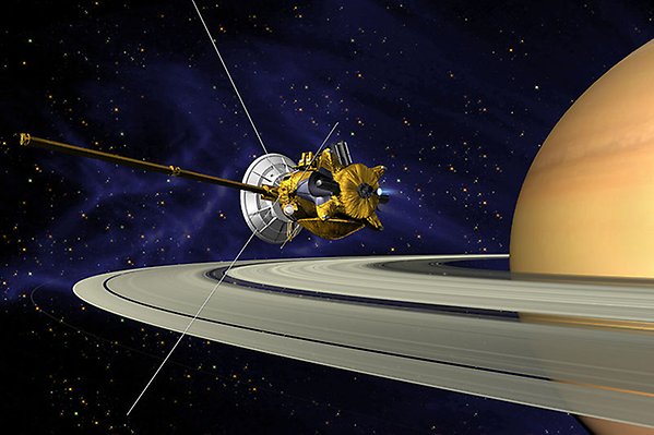 Artistic image of the Cassini probe above Saturn.
