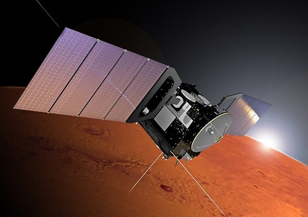 Artistic image of Mars Express in orbit over Mars.