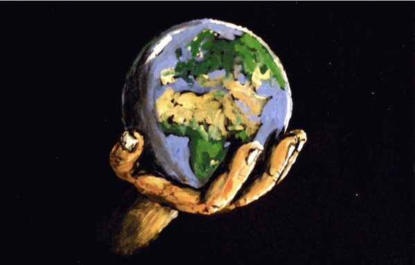 Målad bild av en hand som håller i en jordglob mot svart bakgrund