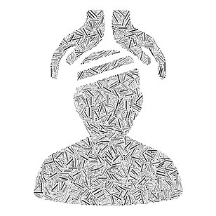 Illustration med svartvita streck formade som ett huvud med ett par händer ovanför.