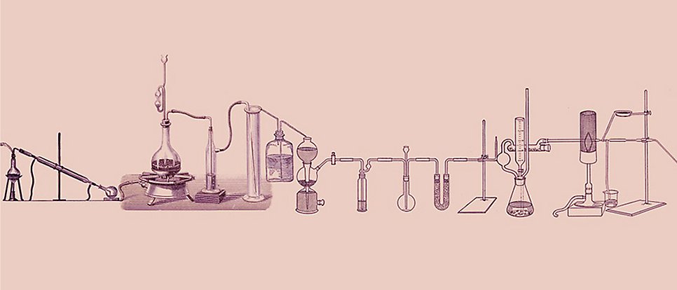 Illustration av laboratoriematerial och verktyg mot rosa bakgrund