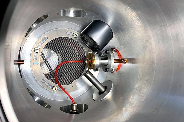Top view of a scattering chamber showing several detectors.