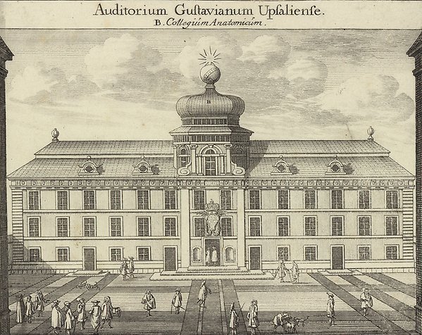 Svartvitt kopparstick med byggnaden Gustavianum i bakgrunden och entréplanen framför fylld av människor.