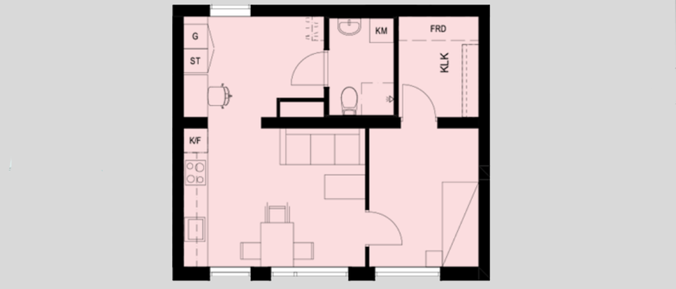 Planritning över en lite mindre lägenhet. Bakgrunden är rosa. 