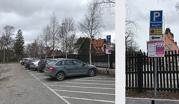 Tvådelad bild: till vänter bilar parkerade med staketet mot Thunbergsvägen i bakgrunden; till vänter bild på parkeringsskylten.