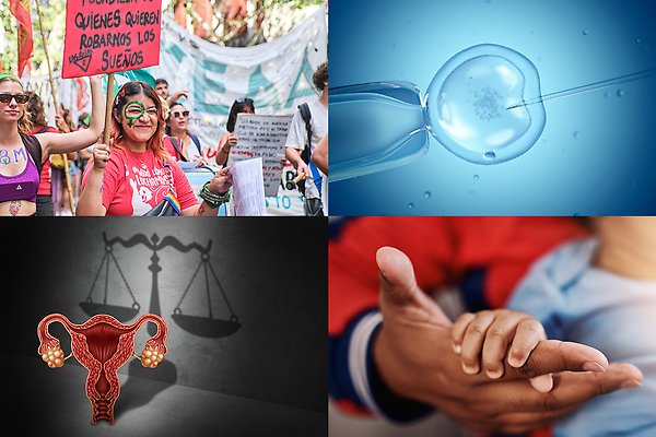Collage av fyra bilder som visar, 1. en feministisk demonstration där en kvinna håller ett plakat med text på spanska, 2. en äggcell som insemineras, 3. en illustration av en livmoder i genomskärning där skuggan bildar en vågskål (representerar rättssystemet), 4. en bebishand som håller i en vuxens hand.