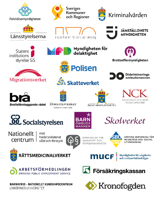 Logotyper för alla myndigheter som ingår i Nationell myndighetssamverkan och kunskapsutbyte för kvinnofrid. 
