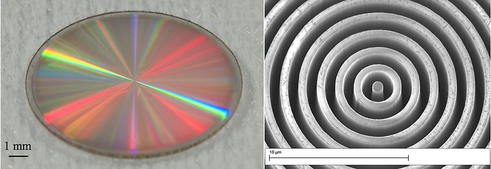 (vänster) Foto av en AGPM tillverkad i diamant för det infraröda våglängdsområdet mellan 2.0 och 2.5 µm. (höger) Svepelektronmikroskopbild av en AGPM i diamant designad för våglängdsområdet 3.4-4.0 µm.”