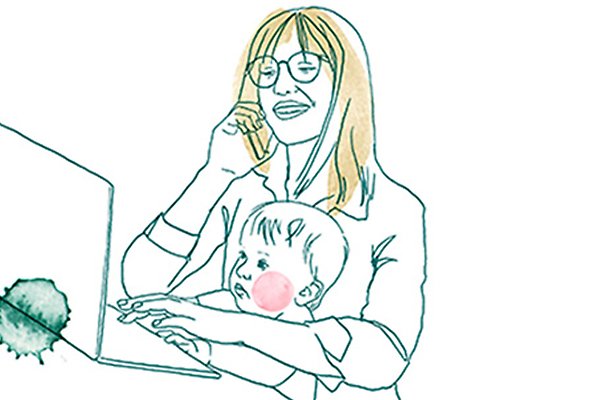 Illustration av mamma som jobbar framför datorn, samtidigt som hon pratar i telefon. Hennes bebis sitter i knät. 