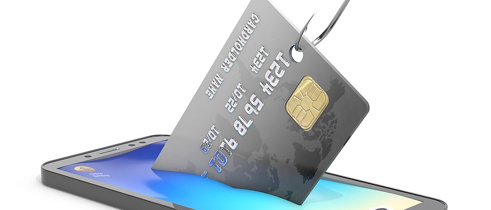 Bankkort dras ur en mobilskärm med en fiskkrok.