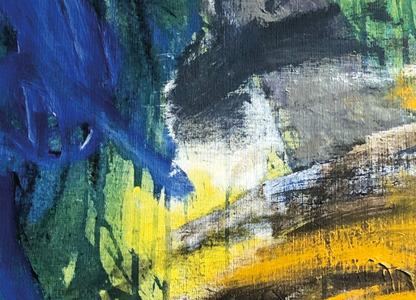 Abstrakt målning i grönt, gult och blått.