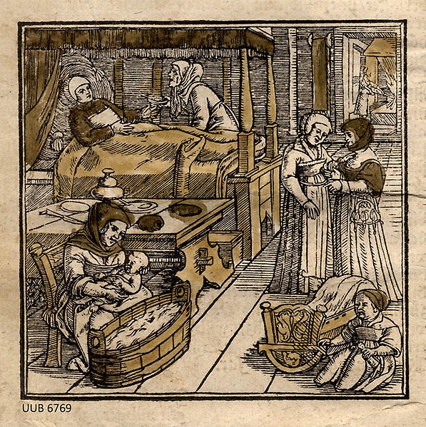 1500-talsillustration som visar stunden efter en förlossning, med en vilande mor i sängen och kvinnor och barn runtikring.